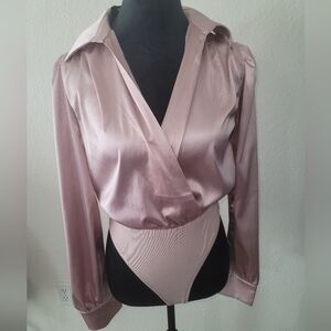 Playing Wicked Games Satin bodysuit in Shimmery Taupe. Women's size small.